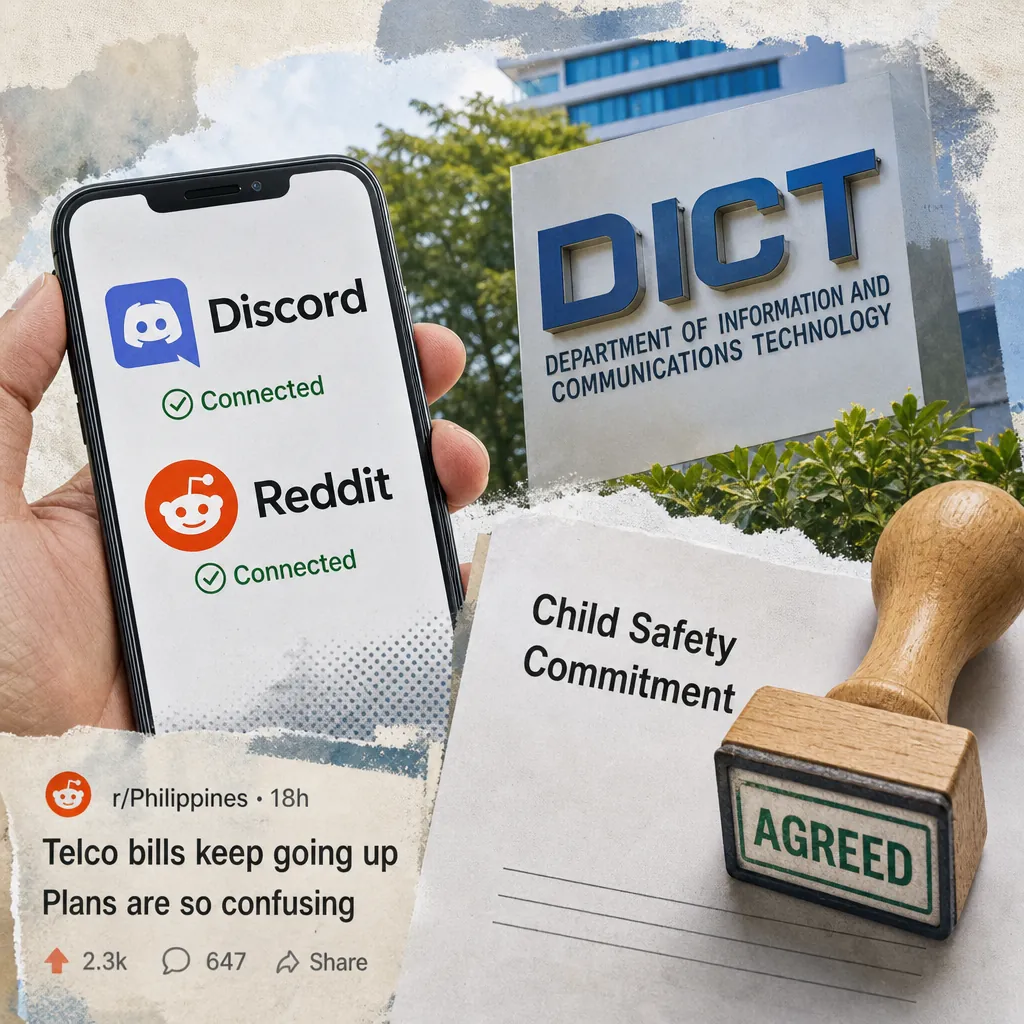 A phone shows Discord and Reddit connected, with DICT signage, a child safety commitment paper, and a post sparking debate on platform regulation. 143 characters