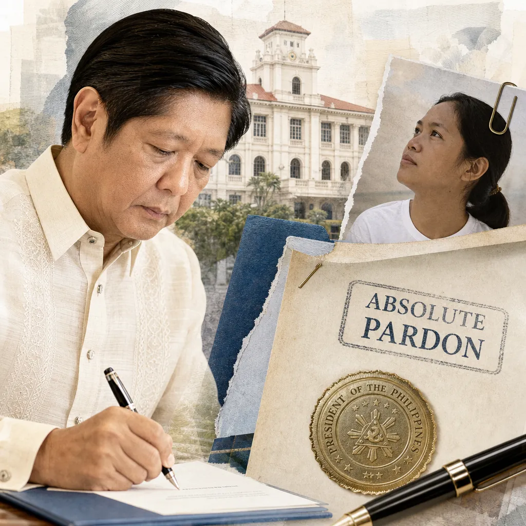 President Marcos signs a document as a folder labeled absolute pardon and a photo of Mary Jane Veloso highlight her pardon after 16 years. (143 characters)