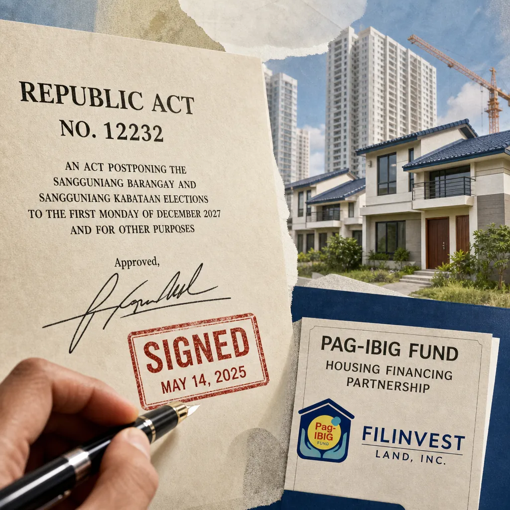 A signed law postponing 2026 barangay and youth elections, with new housing financing deals and record-slow price growth in the background. 143 characters