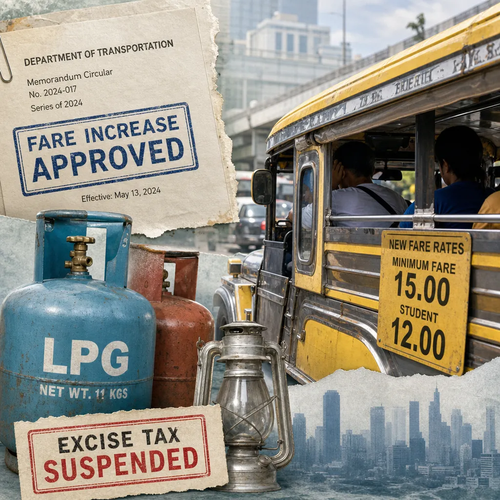 A jeepney with a new fare sign, LPG tanks, a kerosene lamp, and notices about excise tax suspension and rising fuel costs government responses.  
(Character count: 144)