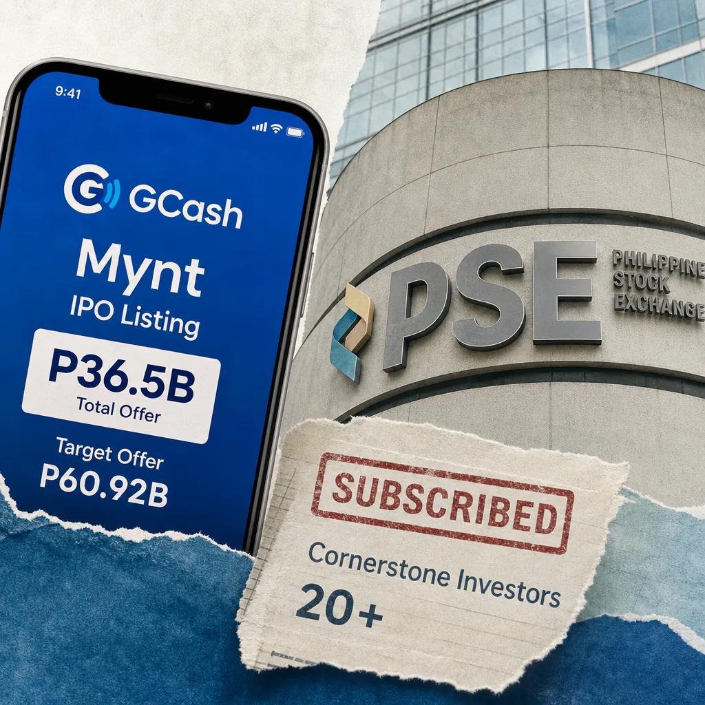 A smartphone displays Mynt’s record GCash IPO secures P36.5B in cornerstone commitments, with the Philippine Stock Exchange building in the background. (143 characters)