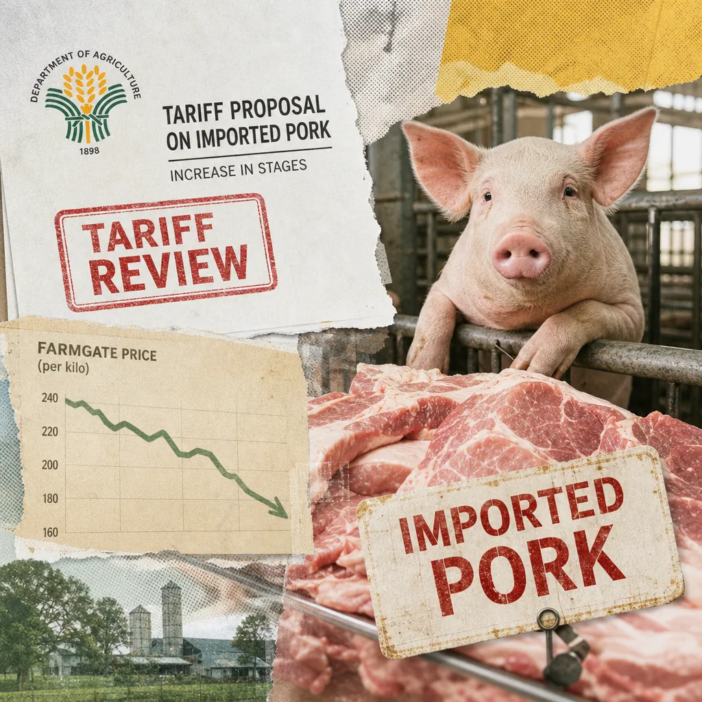A pig in a pen, raw pork cuts, a farm, a price chart, and documents highlight pork tariff hikes, LPG tax suspension, and GCash IPO. (143 characters)
