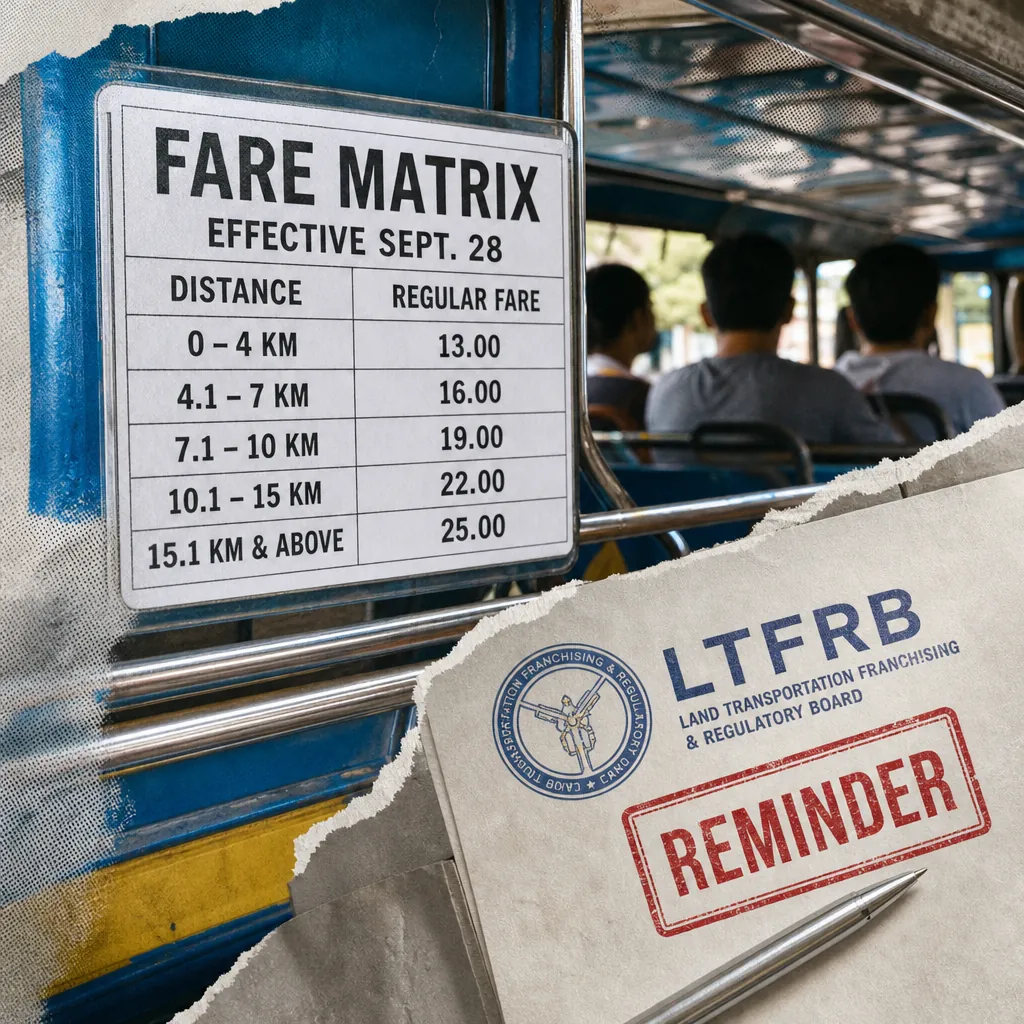 A jeepney fare matrix showing the September 28 fare increase, LTFRB compliance rules, and sector impacts, with passengers in the background. (143 characters)