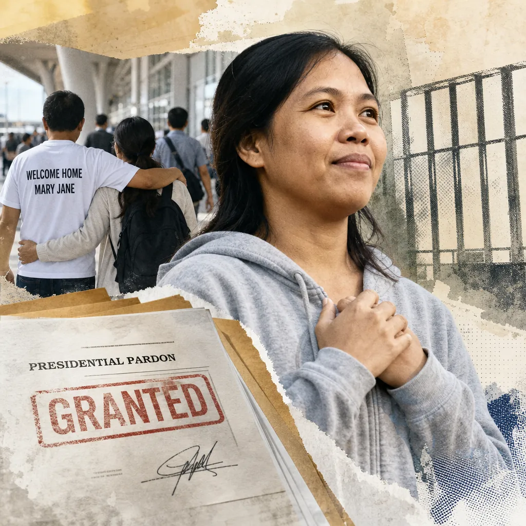 A woman smiles with hands on her chest, a man in a "Welcome Home Mary Jane" shirt, and a document marked "GRANTED" show Mary Jane Veloso freed after 15 years. (145 characters)