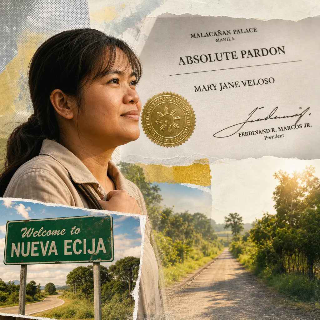 A woman stands beside a road and a Welcome to Nueva Ecija sign, with Mary Jane Veloso’s pardon and homecoming document in the background. 143 characters