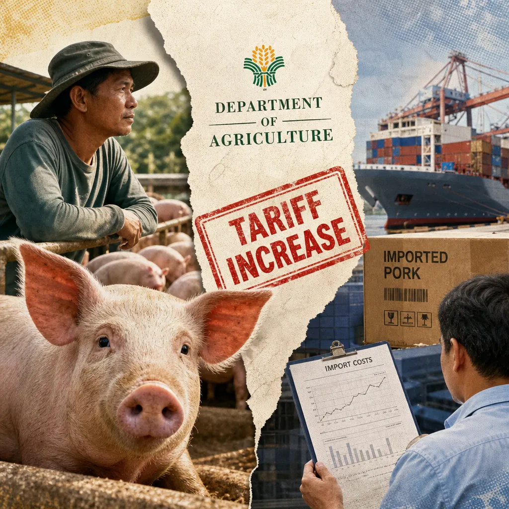 A farmer with pigs, a Department of Agriculture logo, imported pork boxes, and a ship illustrate the pork tariff debate from the report. (143 characters)