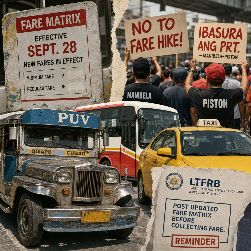 A collage shows a fare matrix sign, jeepney, bus, taxi, protestors, and LTFRB notice about the nationwide transport fare hike and driver strikes. 143 characters