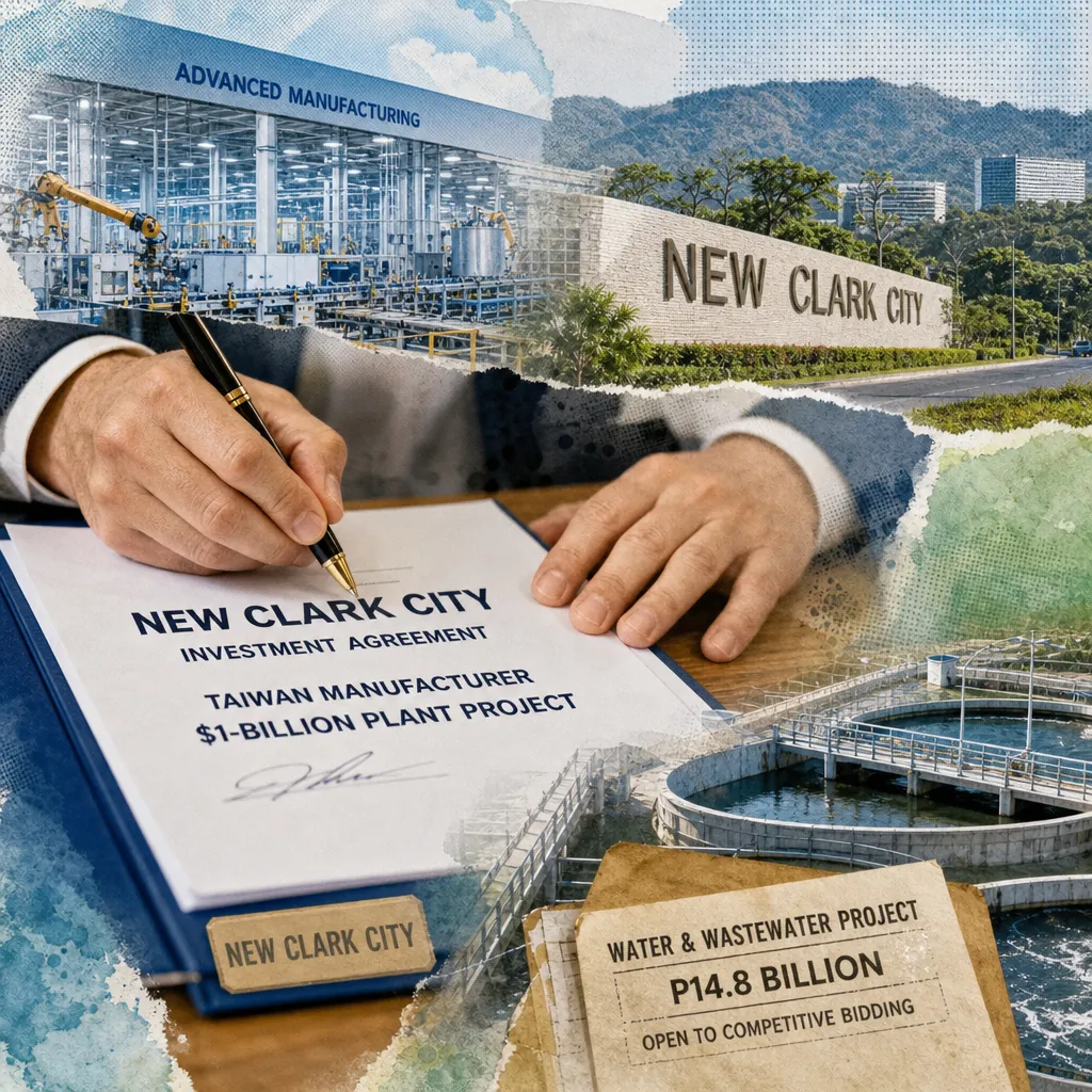 A person signs a New Clark City investment agreement for a $1B Taiwanese plant and a P14.8B water project, with city and factory in background. (143 characters)