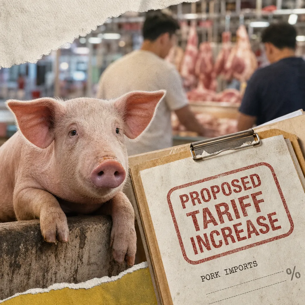 A pig leans on a concrete barrier beside a clipboard labeled "Proposed Tariff Increase" as two men work in a pork market, pork tariff hike divides Philippine sectors. (144 characters)