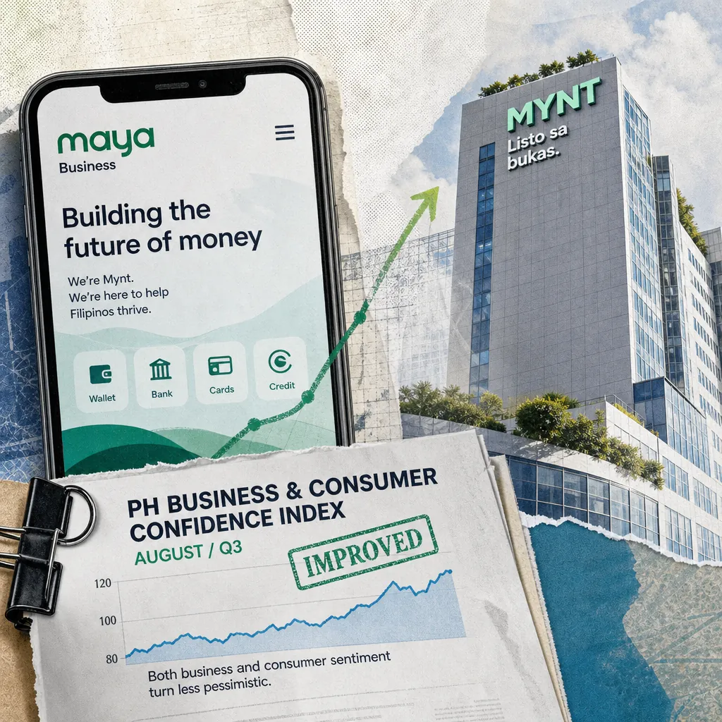 A smartphone with a Maya Business app, a MYNT office building, and a chart showing business and consumer confidence in the Philippines improved. (143 characters)