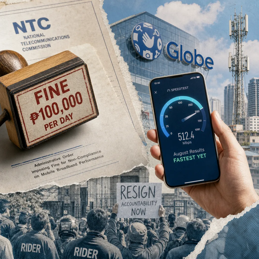 A collage shows an NTC fine notice, a Globe building, a phone with broadband speed, and protesters, covering NTC fines on telcos for poor Metro Manila broadband. (144 characters)