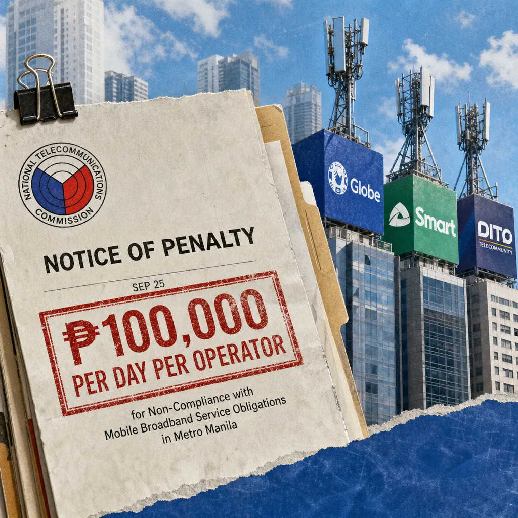 A notice of penalty from the NTC for poor Metro Manila broadband is shown in front of Globe, Smart, and DITO telecom towers in the city. (143 characters)