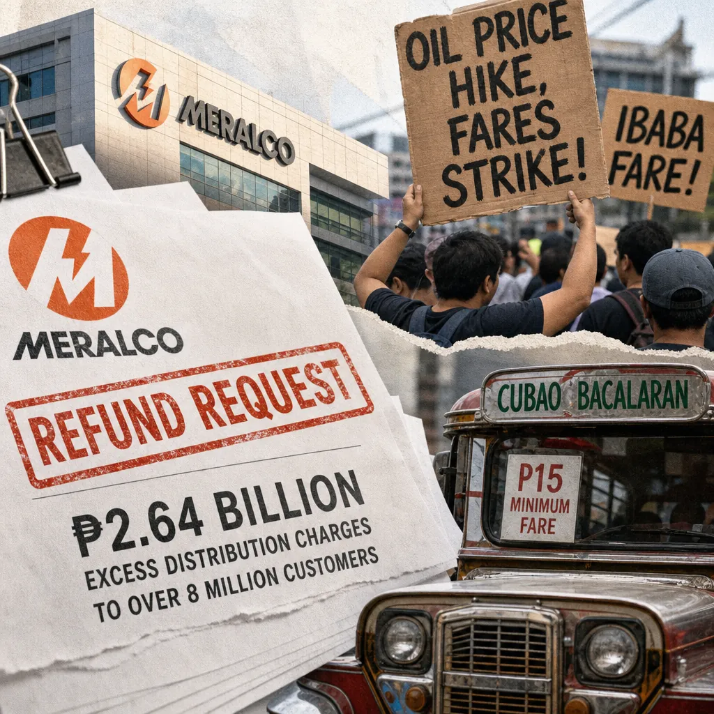 A Meralco building, protestors holding fare strike signs, a jeepney, and a refund request paper illustrate Meralco seeks ERC approval to refund P2.64B. (145 characters)