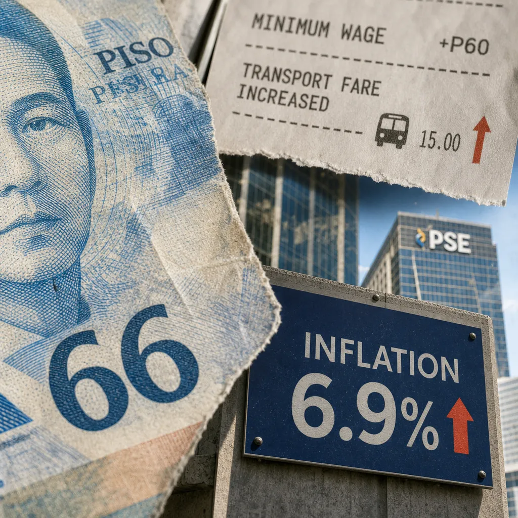 A collage shows a Philippine peso bill marked 66, a sign reading inflation 6.9 percent, and notes on wage hikes and fare increases. 143 characters