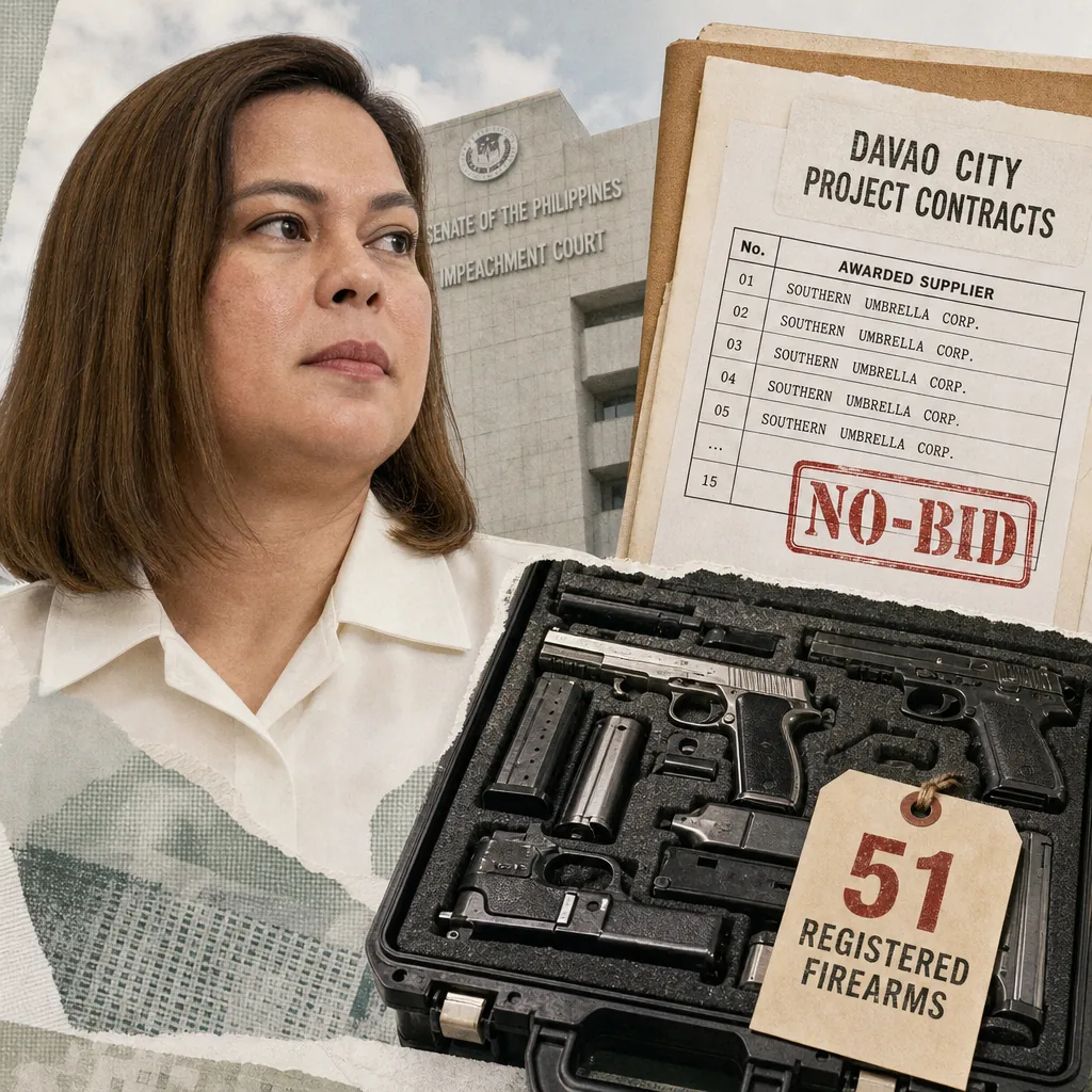 A woman stands before the impeachment court, with SALN firearm disclosure, no-bid Davao contracts, and Ombudsman corruption claims shown. 143 characters