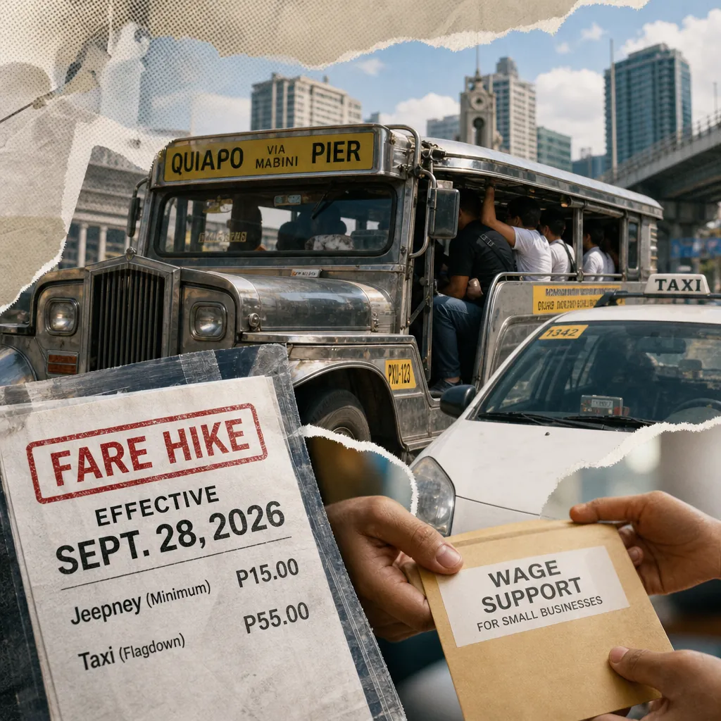 A jeepney and taxi in city traffic, a fare hike notice, and hands exchanging a wage support envelope show policy coverage on nationwide fare hikes. (145 characters)