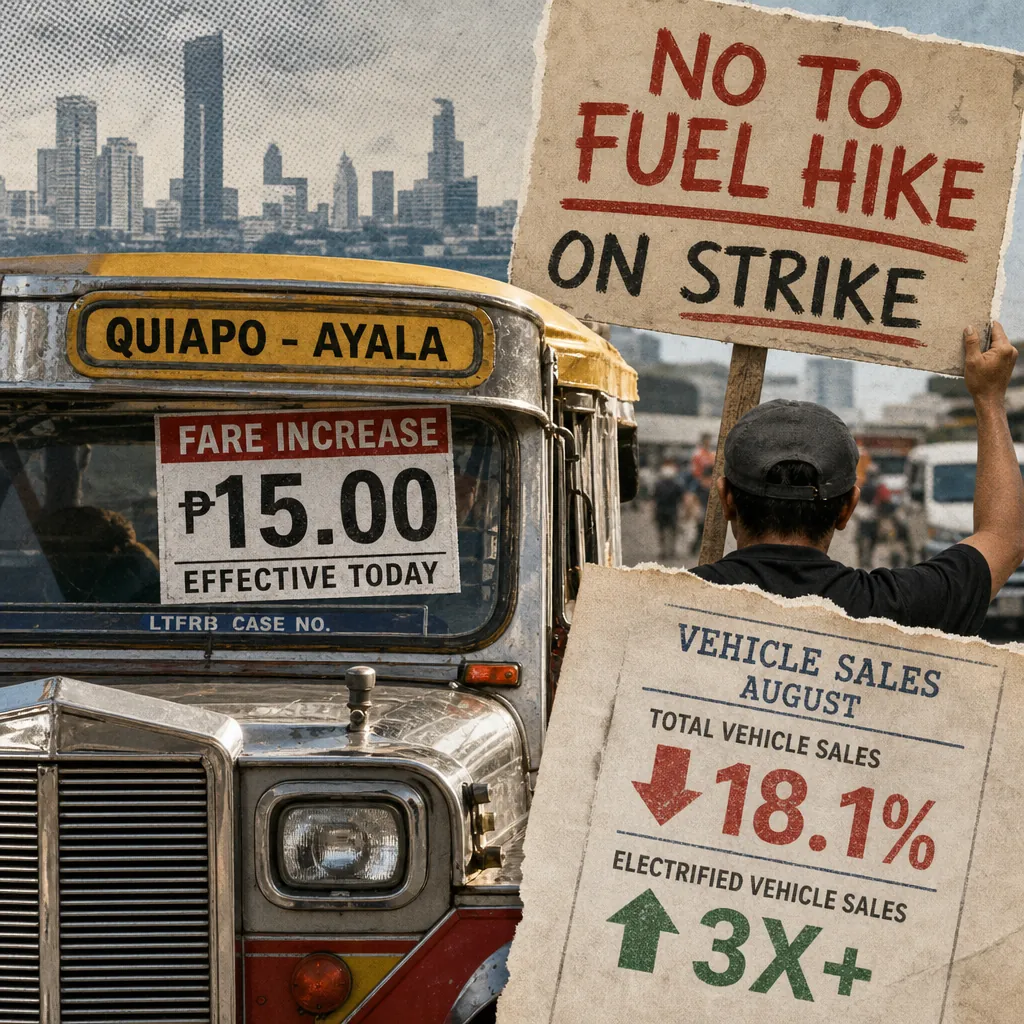 A jeepney displays a fare increase sign as a protester holds placards about PUV fare hike and three-day strike amid falling August vehicle sales. (143 characters)