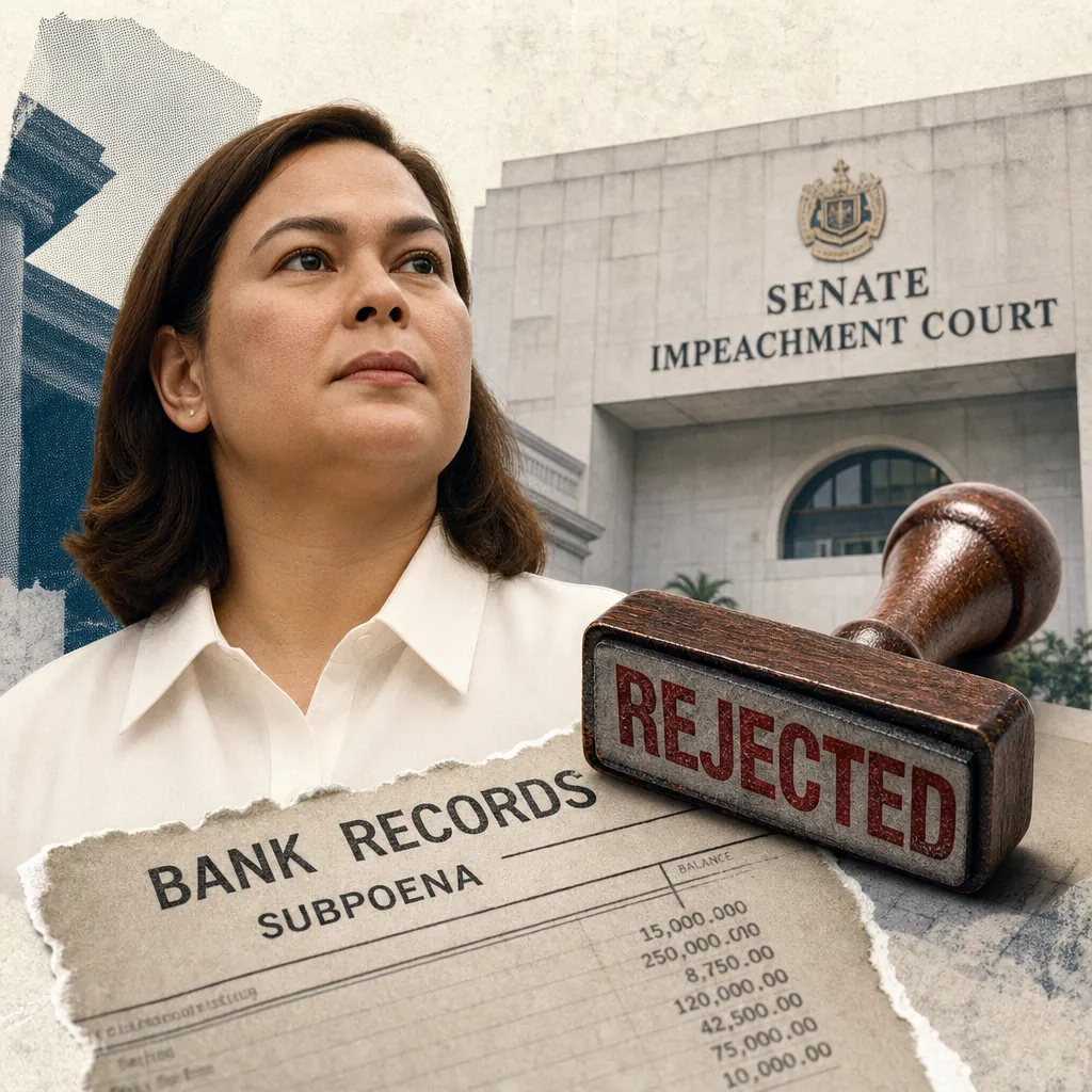 A woman stands in front of the Senate Impeachment Court, with a rejected bank records subpoena, showing Senate blocks bank-records bid. (143 characters)