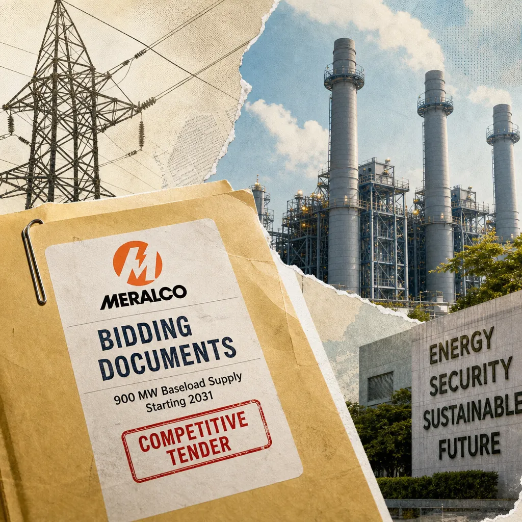 A collage shows Meralco bidding documents for 900 MW baseload supply, a power plant, transmission tower, and an energy security sign in the Philippines. (143 characters)