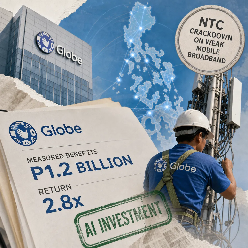 A Globe worker repairs a telecom tower, with a Globe building, AI investment report, and NTC crackdown sign, showing Globe reports P1.2B in AI benefits. 143 characters