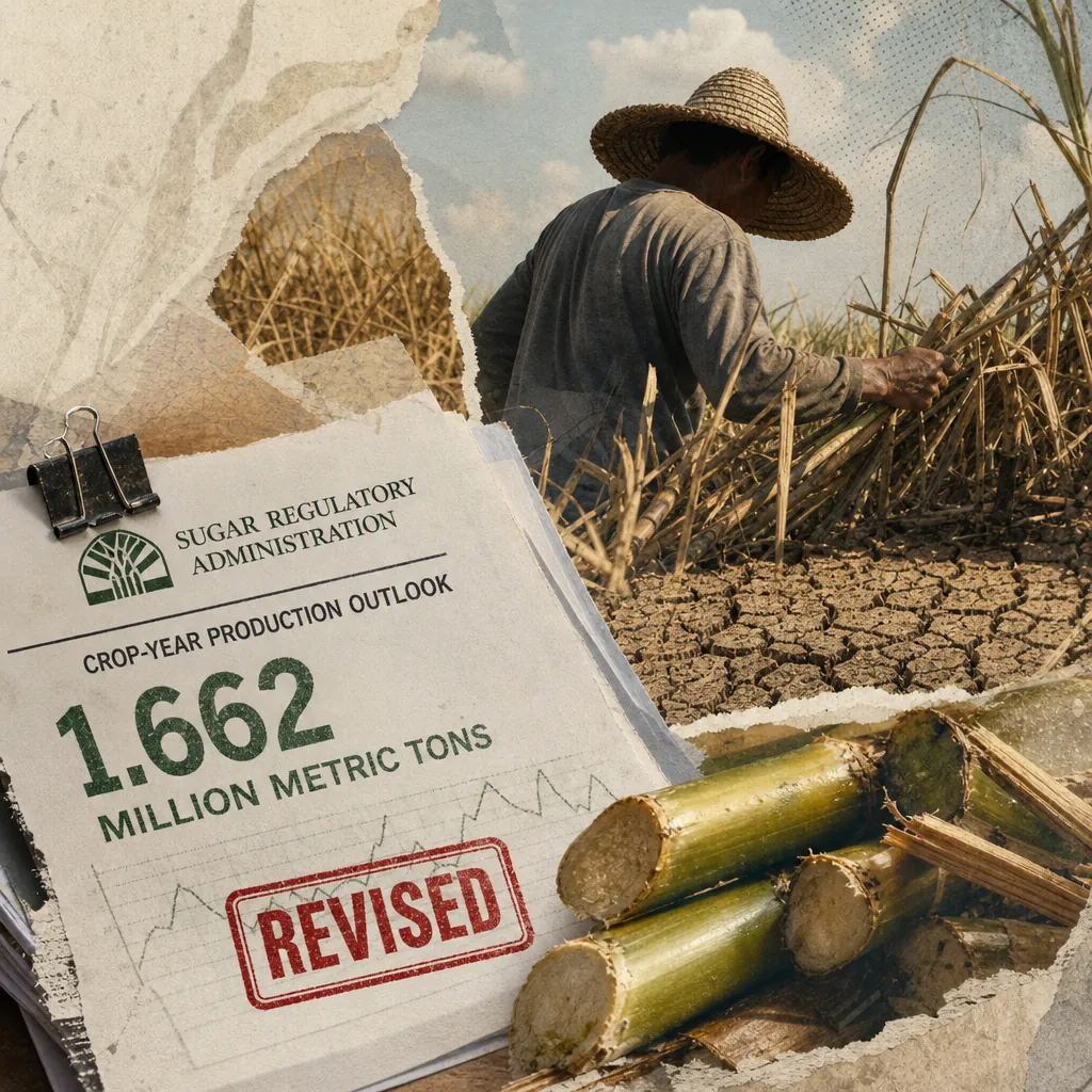 A farmer harvests sugarcane on cracked, dry soil, with a report showing sugar output falls on drought and cut sugarcane in the foreground. 143 characters