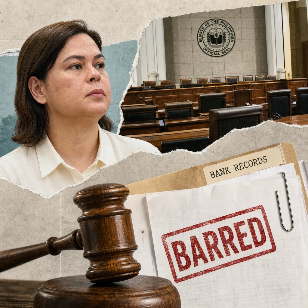 A woman in a white shirt, a Senate courtroom, a gavel, and a folder labeled bank records marked barred, showing Senate impeachment court barred Sara Duterte’s bank records. (144 characters)