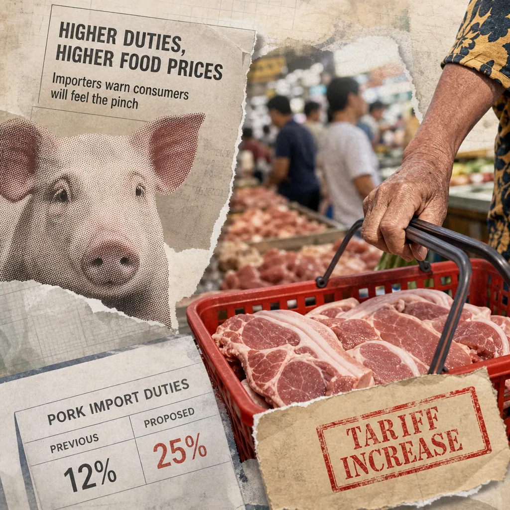 A shopper holds a basket of pork in a market, with signs about pork tariff hikes and Philippine economic policy debates in the background. (143 characters)
