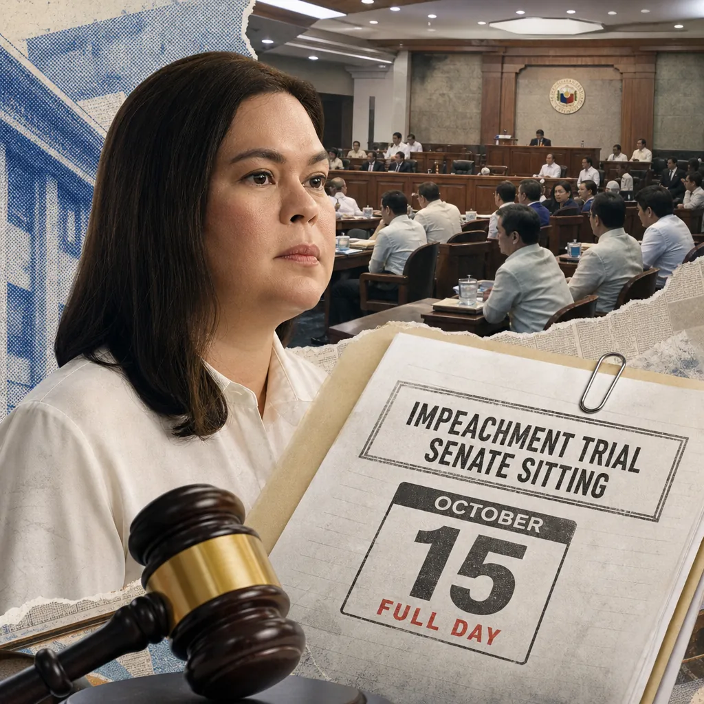 A woman sits in front of a Senate chamber, with a gavel and a folder labeled "Senate impeachment trial of VP Duterte" and a full-day session date. (143 characters)