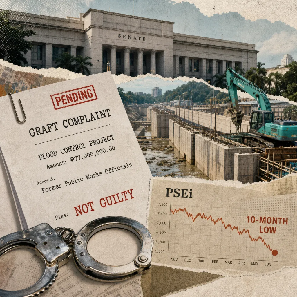 A collage shows a Senate building, a flood-control project, handcuffs, a graft complaint, and a market chart as accountability debates intensify. (143 characters)