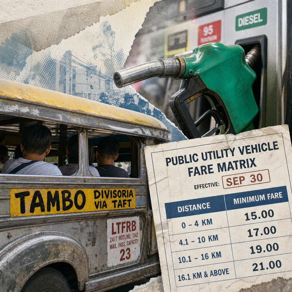 A jeepney with passengers, a fuel nozzle at a diesel pump, and a fare matrix illustrate transport strike, fare hike, fuel costs, and infrastructure moves. (145 characters)