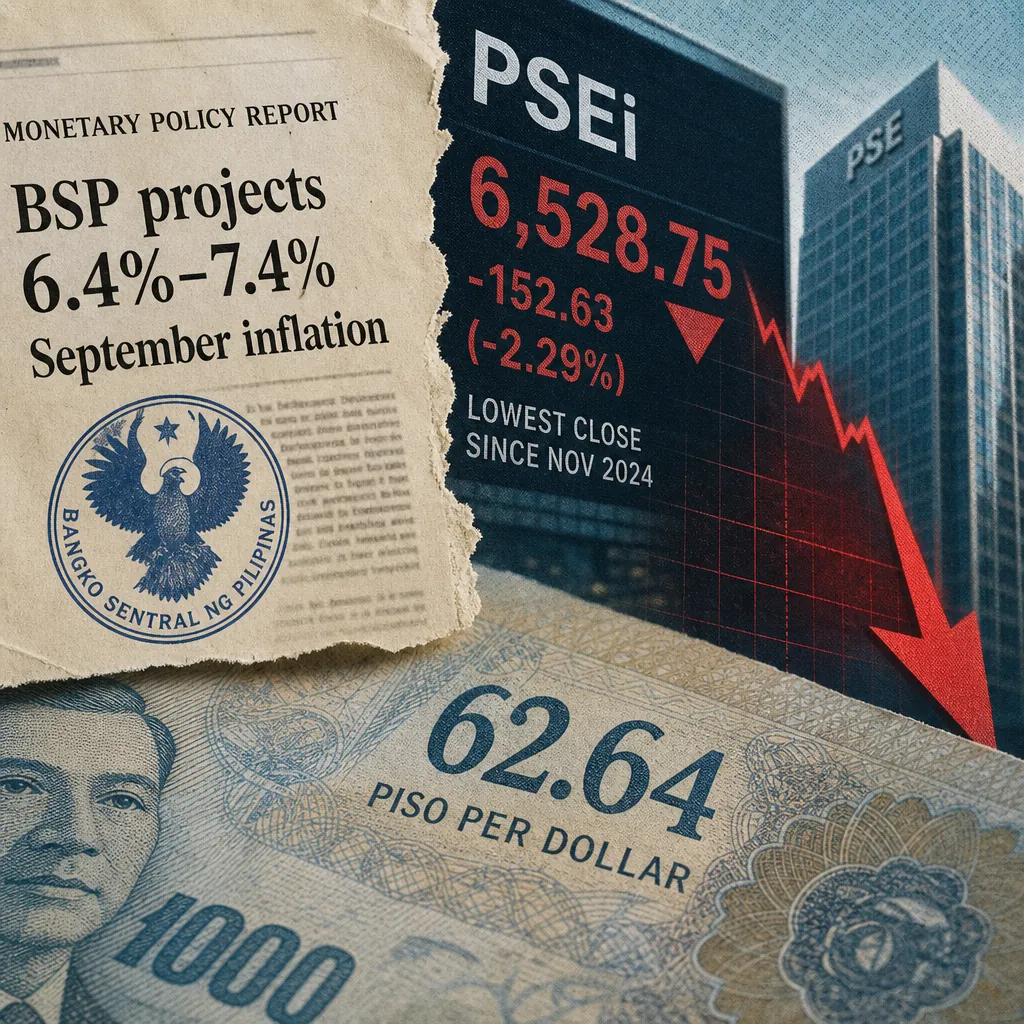 A collage shows BSP forecasts September inflation at 6.4–7.4 percent, a falling PSEi graph, and a 62.64 peso per dollar banknote. (143 characters)