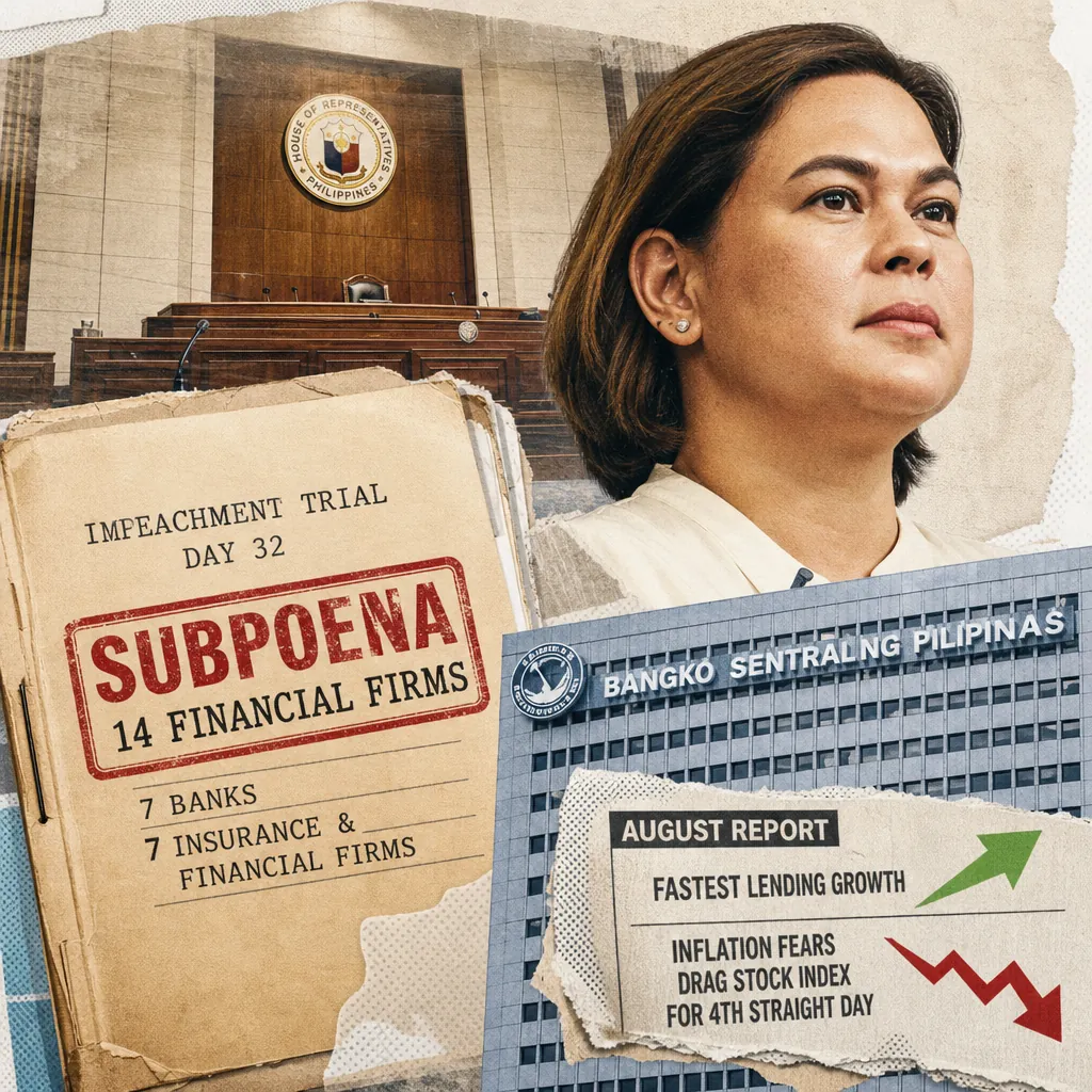 A serious woman stands before a courtroom backdrop, with documents referencing Sara Duterte’s impeachment trial, bank records, and AMLC testimony. (143 characters)