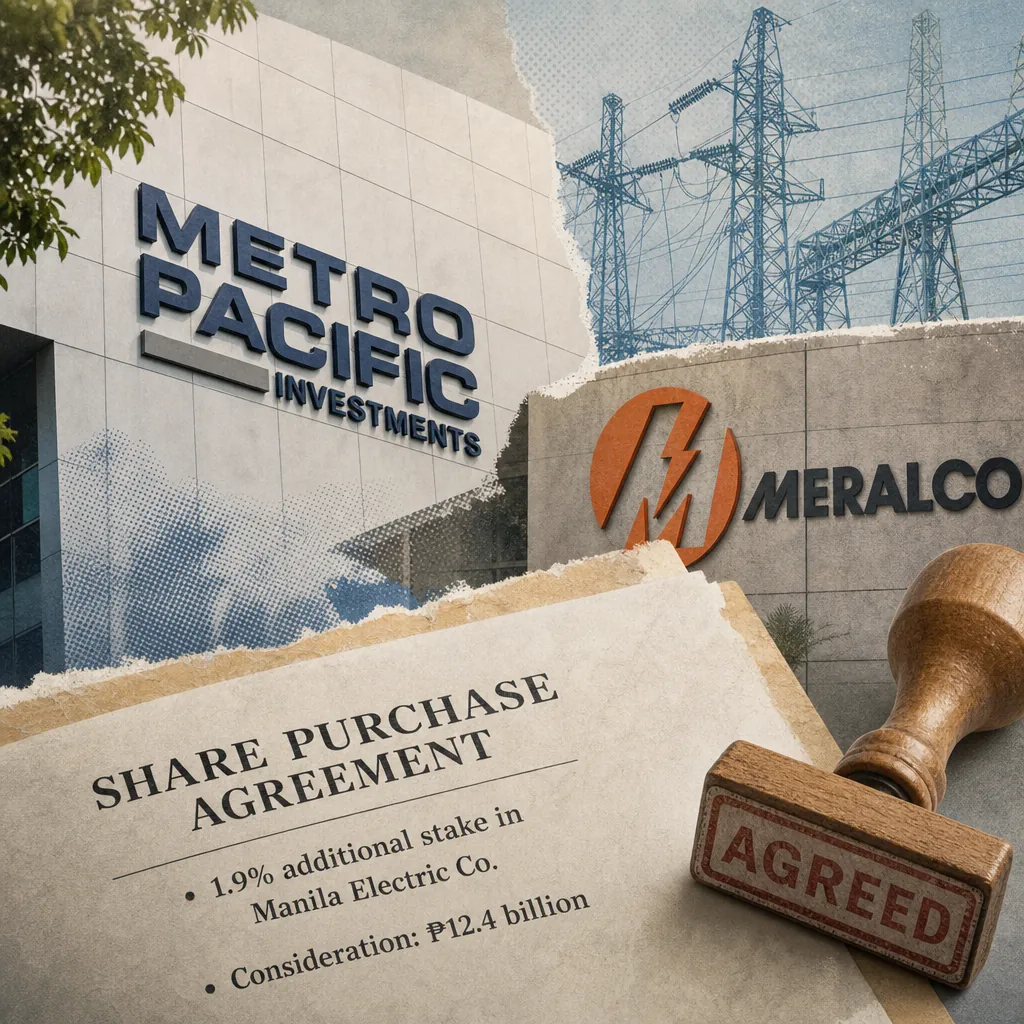 A collage shows Metro Pacific Investments and Meralco buildings, a share purchase agreement, and a stamp, highlighting key signals in energy, agriculture, and consumer trends. (145 characters)