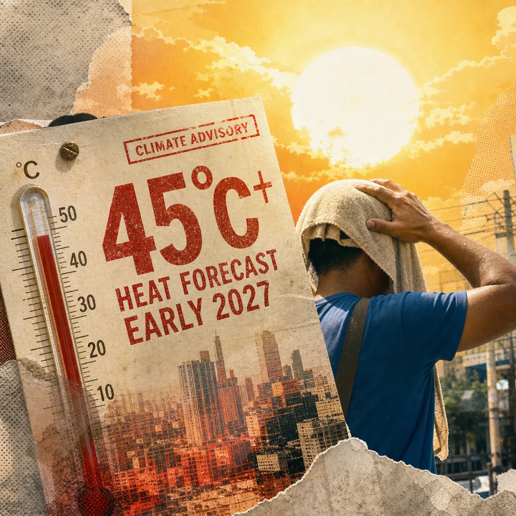 A man covers his head with a towel under the sun, beside a sign warning of Philippine Super El Nino and a 45°C heat forecast for early 2027. (143 characters)