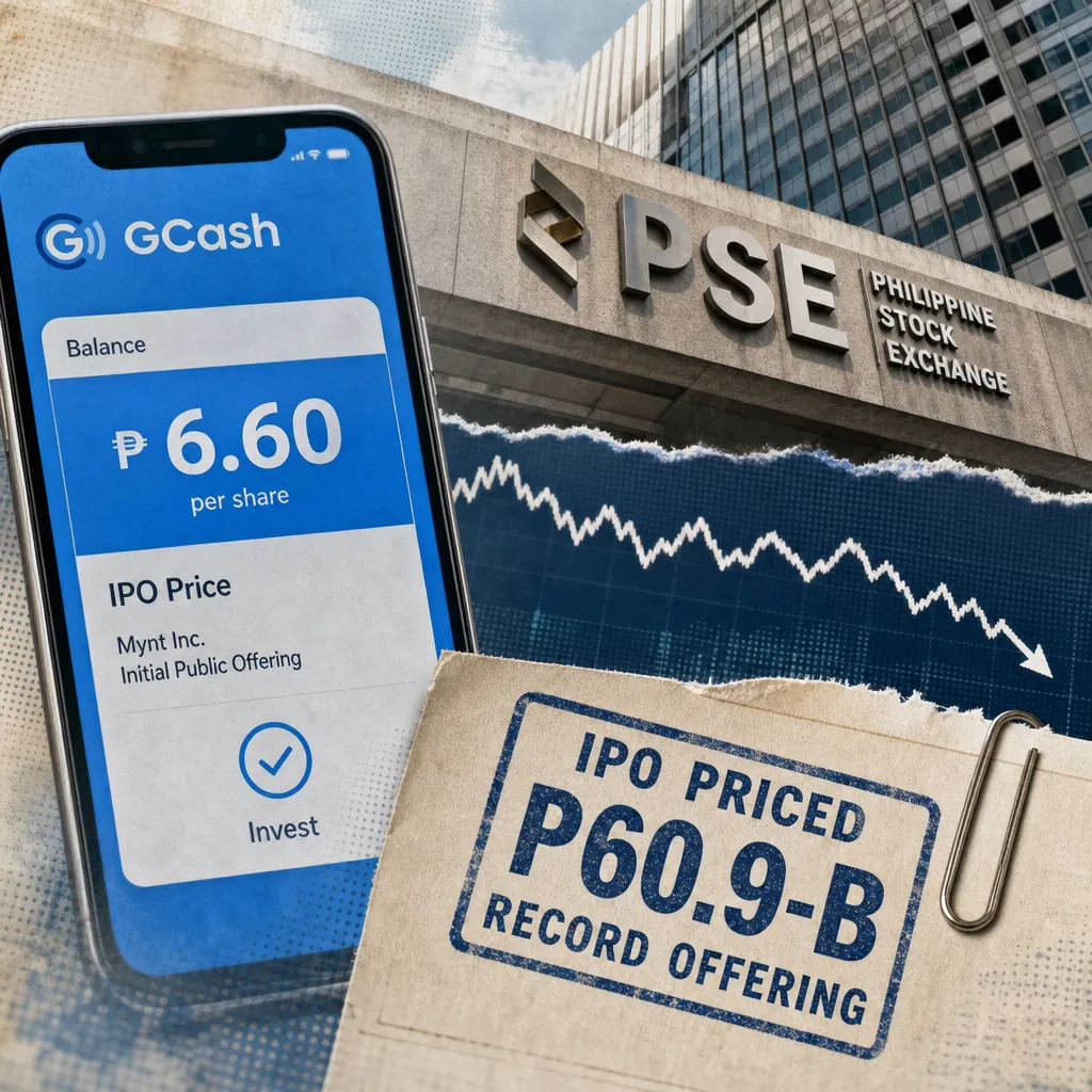 A smartphone shows GCash IPO at P6.60 per share, with Philippine Stock Exchange, a falling stock chart, and record IPO offering details in view. (143 characters)