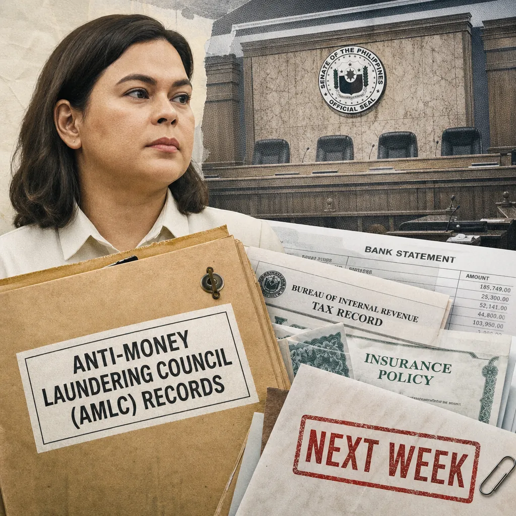 A woman stands in front of a courtroom holding AMLC, bank and tax records in VP Duterte’s impeachment, with documents labeled as evidence. 143 characters