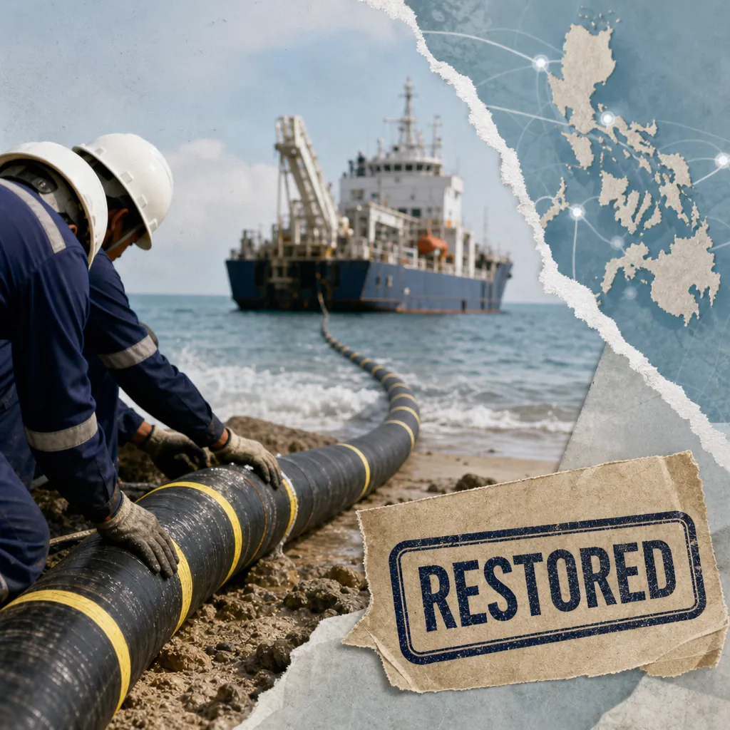 Workers in safety gear restore an undersea cable on a beach, with a ship offshore and a map, illustrating Philippine internet restoration. (143 characters)