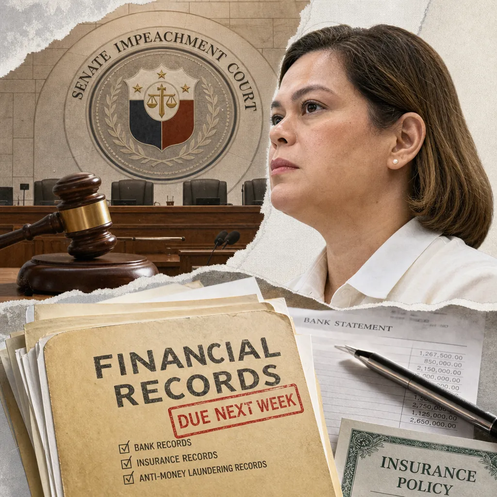 A woman in a courtroom with a Senate Impeachment Court seal, gavel, and financial records, illustrating the Duterte impeachment trial’s evidence phase. (143 characters)