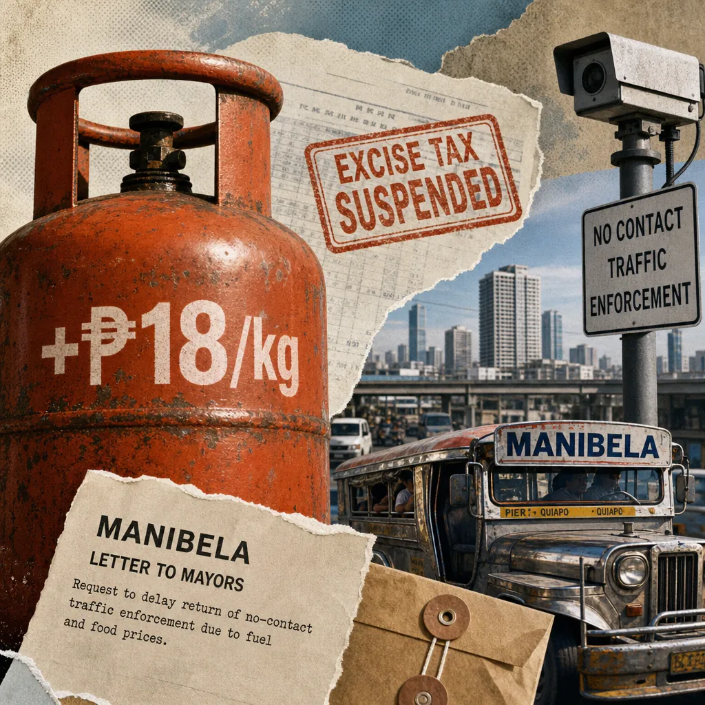 A large LPG tank marked with a price increase, excise tax relief blunted, NCAP rollout faces pushback, and a Manila jeepney in traffic. (143 characters)