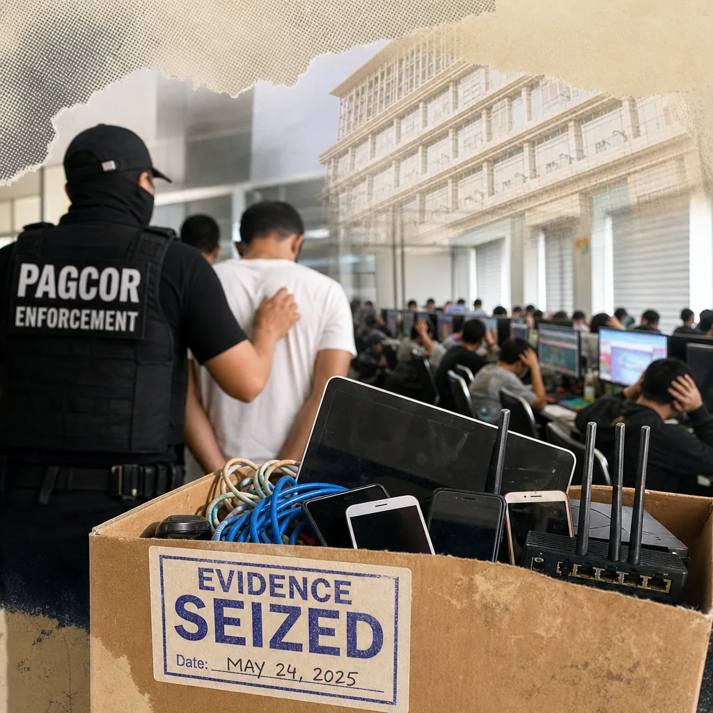 A PAGCOR enforcement officer escorts a man during the largest POGO raid, with seized electronics and people at computers, covering transport regulation. (143 characters)