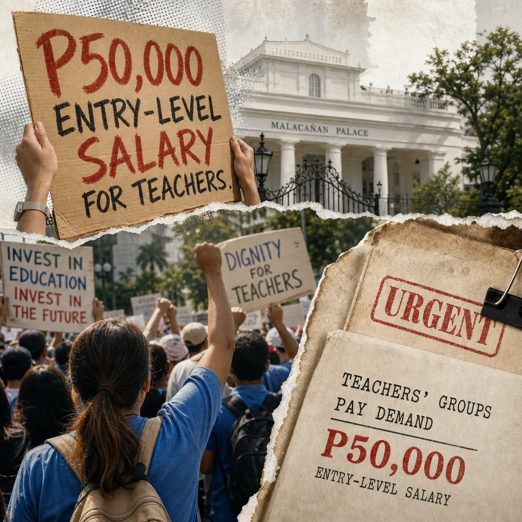 Teachers’ groups demand higher pay and allowances amid protests, with signs calling for a P50,000 entry-level salary near Malacañan Palace. 145 characters