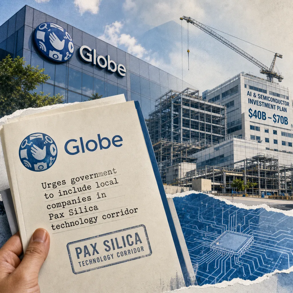 A hand holds a Globe document urging private sector inclusion in Pax Silica, with tech buildings, a crane, and a semiconductor chip in the background. (143 characters)