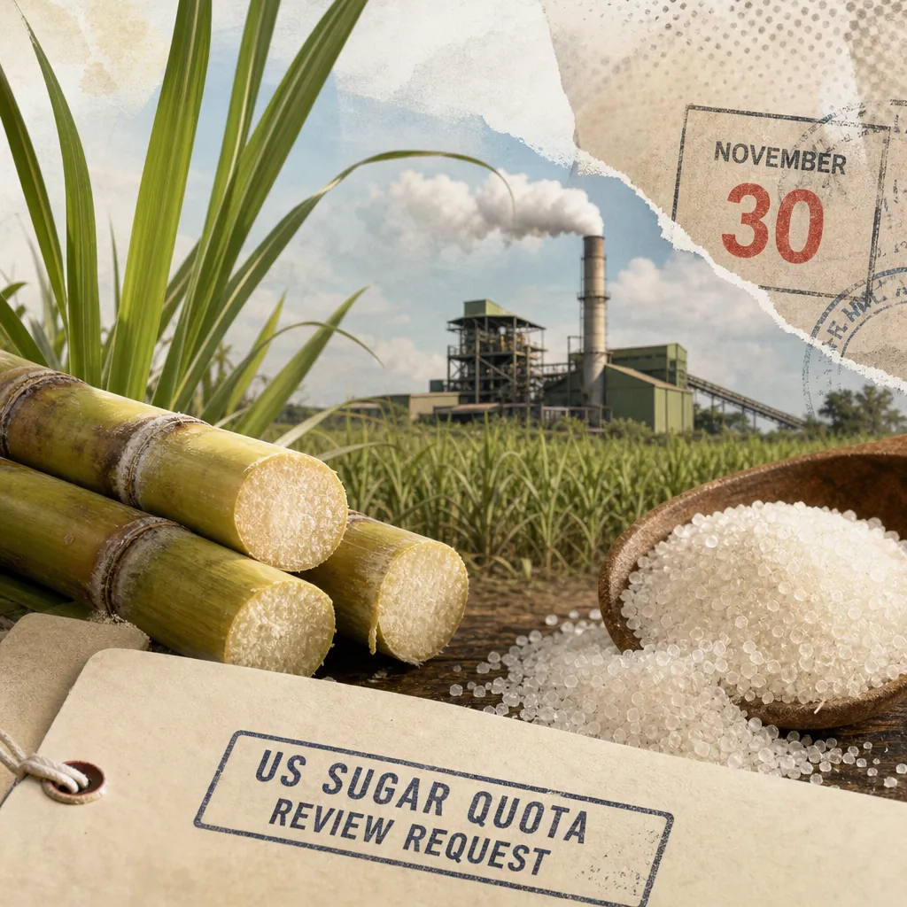 Cut sugarcane, a bowl of sugar, and a sugar mill illustrate Philippine sugar output hits 20-year low due to El Niño and pests.  
Character count: 143