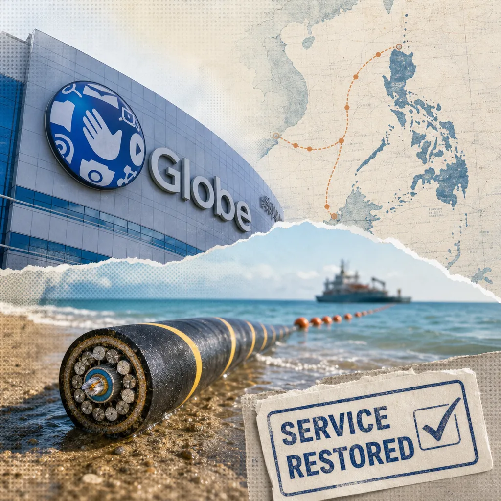 Globe urges private sector role in Pax Silica tech corridor, restores internet after cable fault, with map, cable, and service restored sign shown. (143 characters)