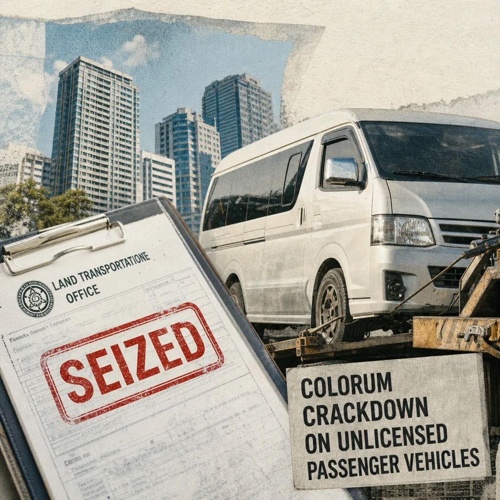 A white van is towed in front of city buildings, with a clipboard marked "seized" and a sign about regulators tighten enforcement. 143 characters