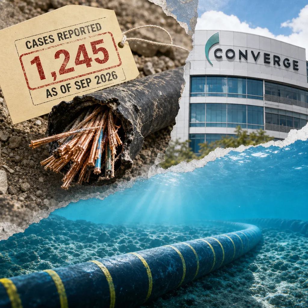 A torn cable with exposed wires, a Converge building, and an underwater cable illustrate 1,245 cable theft cases causing outages. (143 characters)