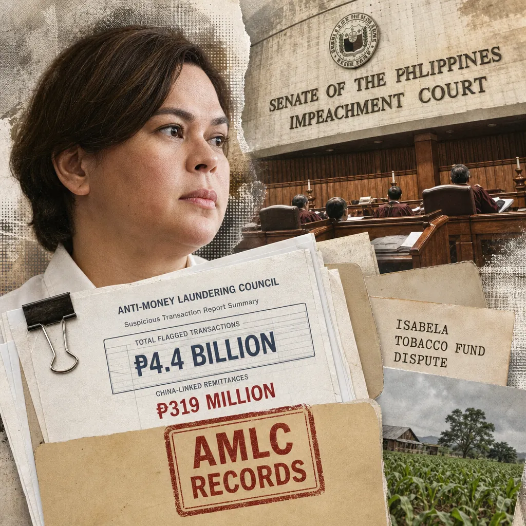 A woman stands before folders labeled AMLC records, Senate impeachment court, and documents on ₱4.4B in flagged transactions in Sara Duterte’s impeachment trial. (143 characters)