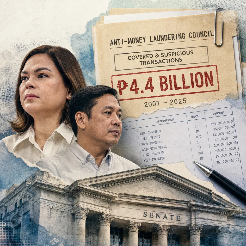 Two people in front of a Senate building, with documents showing AMLC flagged ₱4.4B in Duterte-Carpio transactions and financial records. (143 characters)