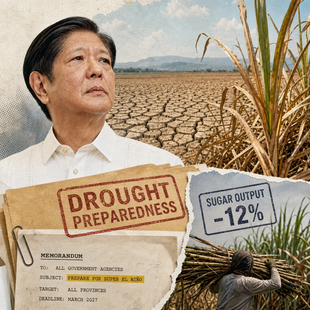 President Marcos stands before a cracked, dry field with sugarcane and a memo urging agencies to prepare for super El Niño as sugar output drops. (143 characters)