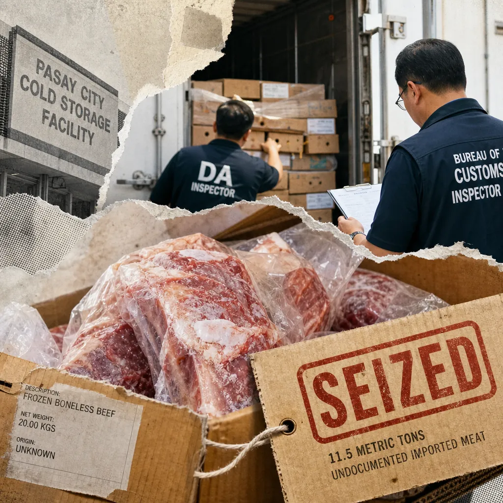 Inspectors from the Bureau of Customs and DA check boxes of frozen boneless beef labeled as seized, showing a meat seizure amid diesel prices drop. (143 characters)
